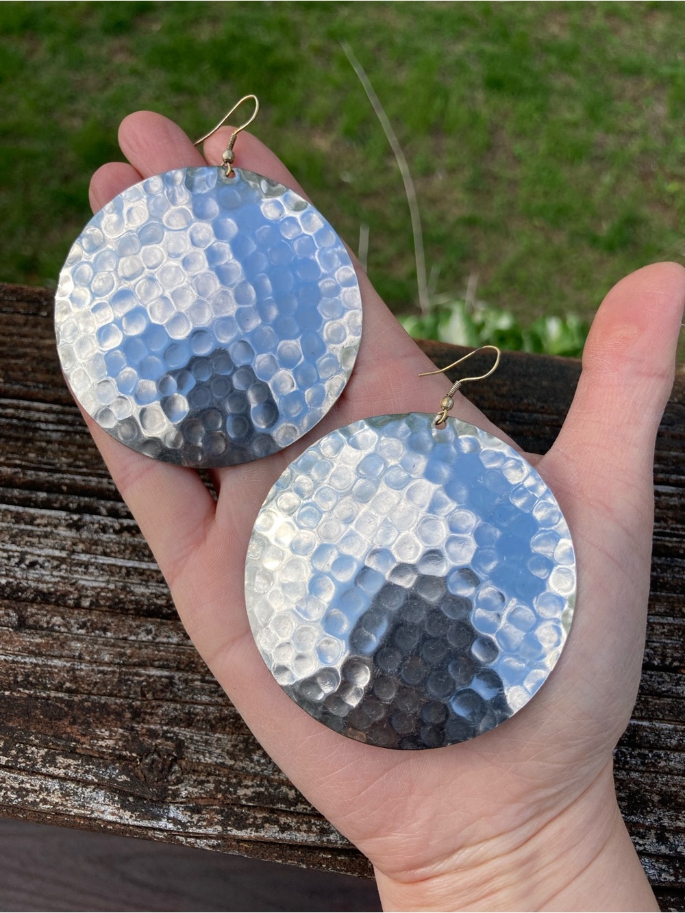 Vintage Huge 2.5” Metal Hammered Round Dangling Earrings Silver Made in India